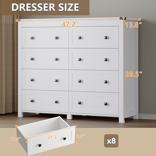 BORNOON Tall 8-Drawer Dresser, Modern Wooden Storage Chest of Drawers, Dresser TV Stand, Wood Drawer Organizer with Metal Handles for Bedroom, Living Room, Hallway