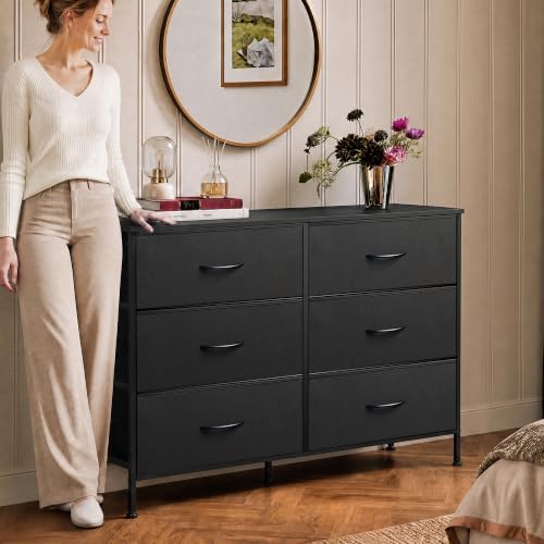 WLIVE Black Fabric Dresser for Bedroom, 6 Drawer Dressers, Chest of Drawers