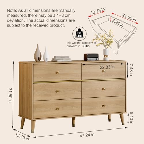 Chrangmay 6 Drawer Dresser,47.24" Wide Mid Century Chest of Drawers,Wooden Bedroom Drawer Dresser with 9 Storage Drawers for Bedroom,Living Room,with Anti-Tipping Device,Oak