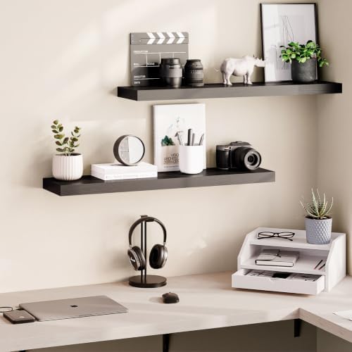 Ballucci Floating Shelves for Wall, 36" Wood Wall Shelf Set of 2, with Invisible Brackets for Bathroom, Living Room, Bedroom, Kitchen, Nursery, 8" Deep, Black