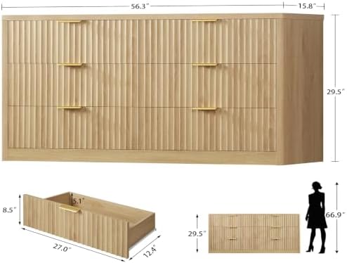 TEENFON 56.3'' Dresser for Bedroom with 6 Drawers, Dressers & Chest of Drawers with Curved Profile Design, 6 Drawer Dresser, Fluted Dressers, Wood Dressers for Bedroom, Living Room, Natural