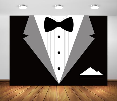 BELECO 5x3ft Fabric Gentleman Tuxedo Backdrop Black and White Bow Tie Suit Background Luxury Birthday Dinner Party Decor Banner Boy Men Father Bridegroom Photoshoot Studio Booth Props - size: 5x3FT