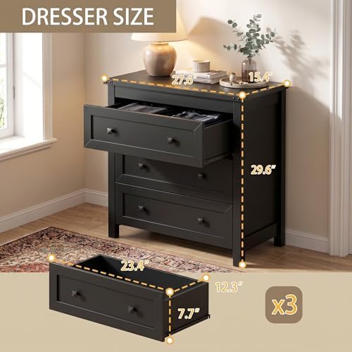 BORNOON 3-Drawer Dresser, Small Wooden Chest of Drawers with Metal Knobs, Water-Resistant Top, Storage Organizer with Anti-Tip Kit for Bedroom, Nursery, Living Room