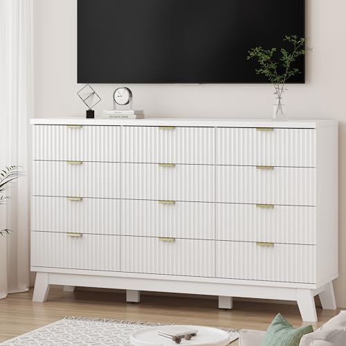Xixini Fluted Dresser for Bedroom with 12 Drawers, 57" Wide Modern Chest of Drawers with Metal Handle, Wooden Dresser TV Stand, Wood Closet Clothes Storage Organizer for Living Room, Hallway, White