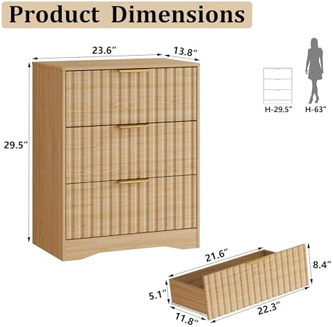 Fluted 3 Drawer Dresser for Bedroom, 30" Tall Modern Dressers, Natural Oak