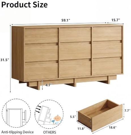 HOUROM Oak Dresser for Bedroom, 59in Modern 9 Drawer Chest of Drawers
