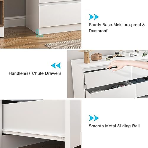 Vibe & Dine White Dresser, Modern 6 Drawer Double Dresser for Bedroom, Wood Chest of Drawers with Wide Storage for Living Room