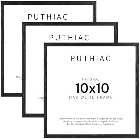 puthiac 10x10 Solid Oak Wood Picture Frames, Black, 3 Pack