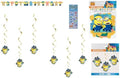 Unique Despicable Me Birthday Party Supplies Bundle Pack includes 1 Happy Birthday Banner, 6 Hanging Swirl Decorations, 1 Dinosaur Sticker Sheet