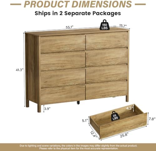 Furniway 55" Wide 8 Drawer Wood Dresser for Bedroom with Legs, Natural Oak