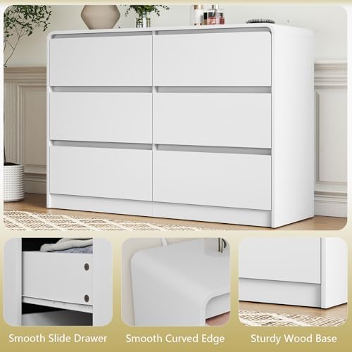 White 6 Drawer Dresser for Bedroom,Modern Deep Drawer Dresser with Curved Corner and No-Handle Design,Storage Wide Chest of Drawer,Wood Bedroom Storage Furniture for Closet,Nursery