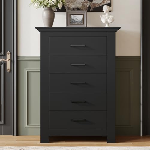 5 Drawer Dresser for Bedroom, Wood Dresser Chests of Drawers with Metal Handle, 47" Tall Vintage Design Storage Dressers for Bedroom, Cabinet Organizer Drawers for Hallway, Entryway, Closet, Black