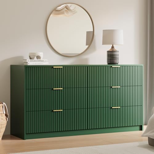 MAISONARIA Green 6 Drawer Dresser for Bedroom, 55" Wide Modern Chest of Drawers with Gold Metal Handles, Fluted Wood TV Stand for Living Room, Hallway