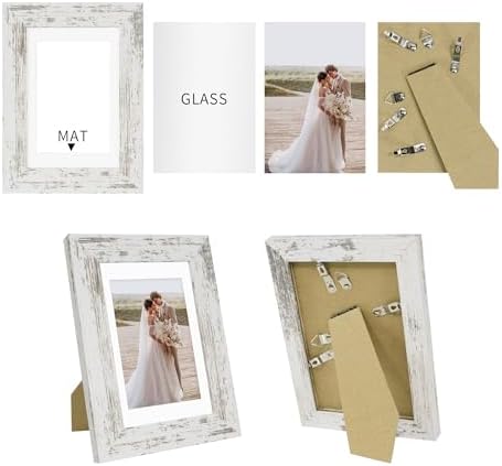 Hongkee 5x7 Picture Frame Set of 4, Made of Real Glass and Distressed White Wooden Frame, 5 by 7 Photo for Wall or Tabletop - Display Picture 4x6 with Mat or 5x7 Without Mat