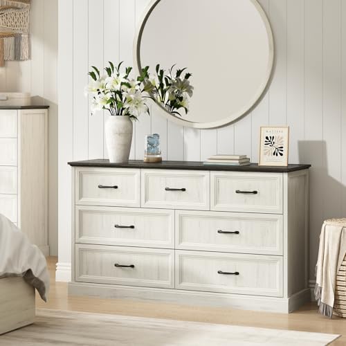 Farmhouse 7 Drawer Dresser for Bedroom, 55" White Dresser with TV Stand