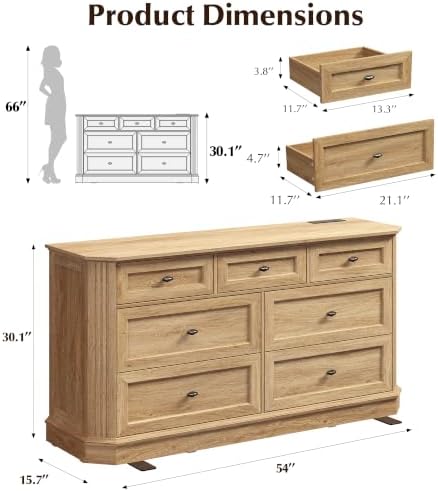 7 Drawers Dresser for Bedroom, 54" Wide Chest of Drawers w/Charging Station