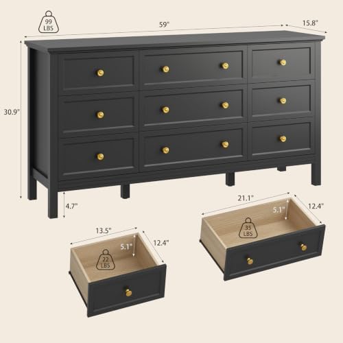 CARPETNAL 59" Black Dresser for Bedroom with 9 Drawer & Modern Gold Handles