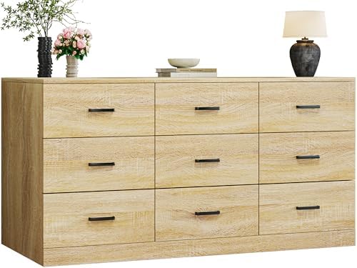 HUAHUU 9 Drawer Dresser for Bedroom, 60'' Long Mid Century Modern Dressers TV Stand, Wood Vintage Chests of Drawers, Large Storage Organizer for Bedroom, Closet, Entryway, Natural Oak