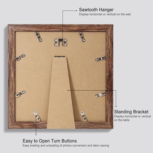 Hongkee 10x10 Picture Frame Set of 4, Made of Glass and Rustic Brown Wooden Frame - Display Picture 8x8 with Mat or 10 x 10 Without Mat, 10 by 10 Photo for Wall or Tabletop