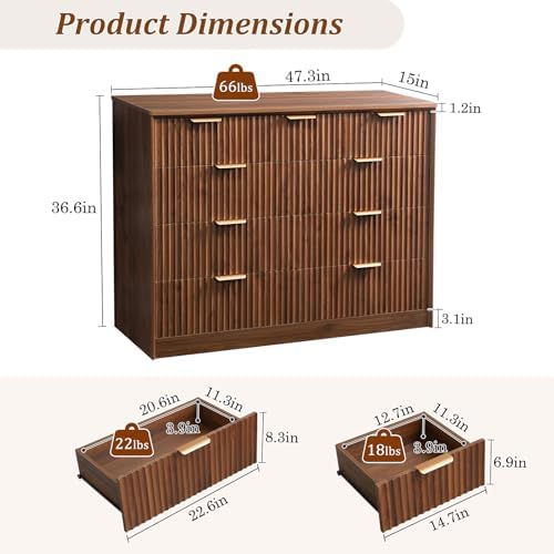 LYNCOHOME Fluted Tall Dresser for Bedroom, 9 Drawer Chest of Drawers,Walnut