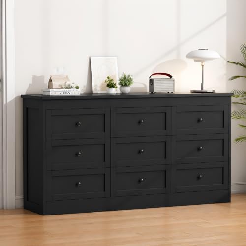wanan Black 9 Drawer Dresser for Bedroom, Modern 59'' Wide Wood Chest of Drawers, Dresser TV Stand, Storage Organizer with Metal Handles for Living Room, Hallway, Entryway