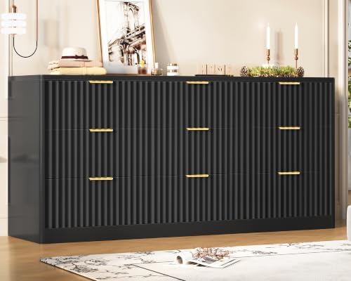 TEENFON Fluted Dresser for Bedroom with 9 Drawers, 63" Wide Modern Chest of Drawers with Metal Handle & Curved Profile Design, Wood Closet Clothes Storage Organizer for Living Room, Hallway, Black