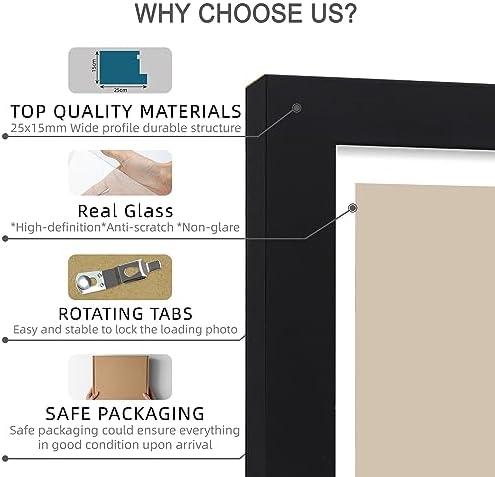 Hongkee 8x10 Picture Frame Set of 4, Made of Real Glass and Black Wooden Frame, 8 by 10 Photo for Wall or Tabletop - Display Picture 5x7 with Mat or 8x10 Without Mat