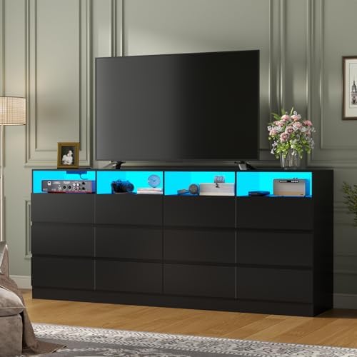 Gyfimoie 12-Compartment Divided Drawer Dresser w/Power Outlet, LED Light