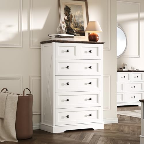 Farmhouse 6 Drawers Dresser Chests for Bedroom, White 6 Chest of Drawers
