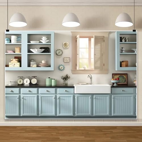Laeacco 5x3ft Modern Kitchen Backdrop Kitchen Interior Light Blue Cabinet Tableware Photography Background Home Cuisine Cooking Baking Party Cake Table Decor Kids Adults Portrait Photo Booth Props - size: 5x3ft