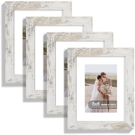 Hongkee 6x8 Picture Frame Set of 4, Made of Real Glass and Distressed White Frame - Display Picture 4x6 with Mat or 6x8 Without Mat, 6 by 8 Photo for Wall or Tabletop