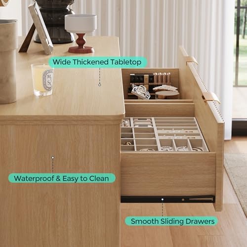 LINSY HOME Fluted Dresser for Bedroom with 6 Drawers, 54" Wide Mid Century Modern Dressers, Tall Boho Chest of Drawers, Large Wood Accent Storage Cabinet for Living Room, Curved Profile Design, Oak