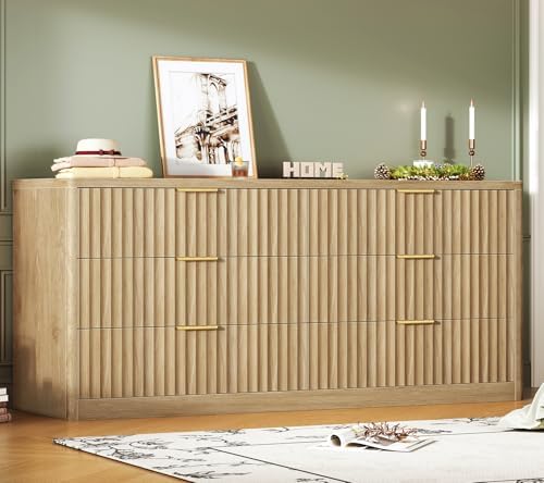 TEENFON 56.3'' Dresser for Bedroom with 6 Drawers, Dressers & Chest of Drawers with Curved Profile Design, 6 Drawer Dresser, Fluted Dressers, Wood Dressers for Bedroom, Living Room, Natural