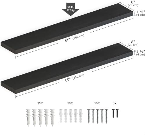 Ballucci Floating Shelves for Wall, 60" Wood Wall Shelf Set of 2, with Invisible Brackets for Bathroom, Living Room, Bedroom, Kitchen, Nursery, 8" Deep, Black