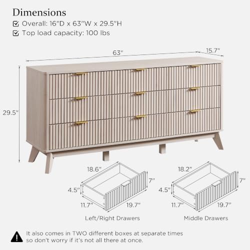 T4TREAM 63" Wide Fluted 9 Drawer Dresser for Bedroom, White Alder