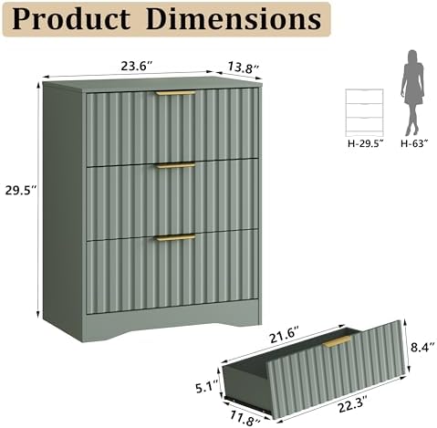 6 Drawer Dresser and Nightstand Sets for Bedroom, Modern Fluted 3 Pcs Bedroom Dresser Furniture Sets, Wood Chest of Drawers and Nightstand Set of 2 with Metal Handles, Green