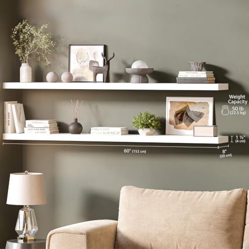 Ballucci Floating Shelves for Wall, 60" Wood Wall Shelf Set of 2, with Invisible Brackets for Bathroom, Living Room, Bedroom, Kitchen, Nursery, 8" Deep, White