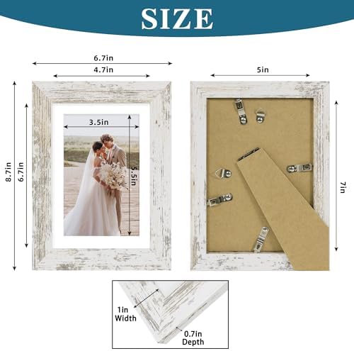 Hongkee 5x7 Picture Frame Set of 4, Made of Real Glass and Distressed White Wooden Frame, 5 by 7 Photo for Wall or Tabletop - Display Picture 4x6 with Mat or 5x7 Without Mat