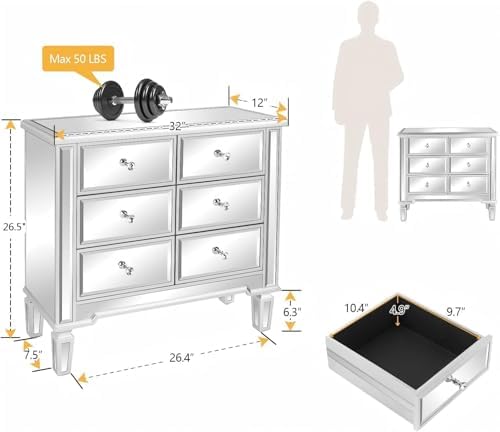 Bonnlo Mirrored Dresser 6 Mirror Drawers, Mirrored Cabinet, Glass Mirror Dresser, Modern Chest of Drawers, Silver, 32”L x 12”W