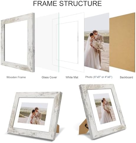 Hongkee 6x8 Picture Frame Set of 4, Made of Real Glass and Distressed White Frame - Display Picture 4x6 with Mat or 6x8 Without Mat, 6 by 8 Photo for Wall or Tabletop