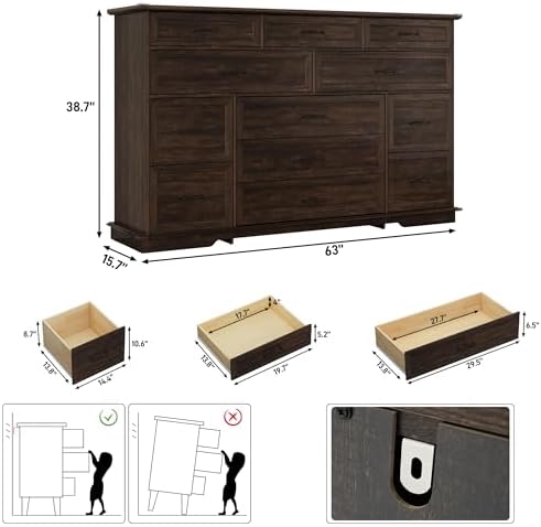 jiteentarou Farmhouse 12 Drawer Dresser for Bedroom,63” Wood Dresser & Chest of Drawers with Power Outlets,Large & Wide Dressers for Bedroom,Tall Storage Dresser Organizer(Rustic Brown)