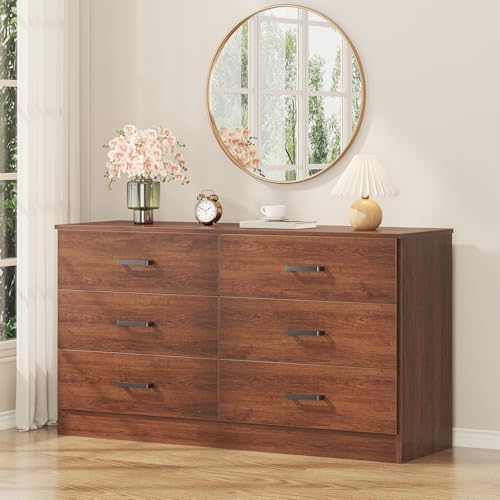 Bigbiglife Wood Dresser for Bedroom, 6 Drawer Double Dresser, Mid Century Modern Chest of Drawers with Deep Drawers, Large Storage Organizer for Living Room, Closet(Walnut Brown)