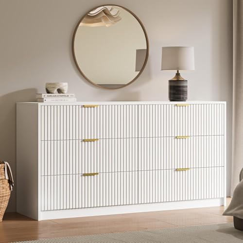 MAISONARIA White 6 Drawer Dresser for Bedroom, 55" Wide Modern Chest of Drawers with Gold Metal Handles, Fluted Wood TV Stand for Living Room, Hallway