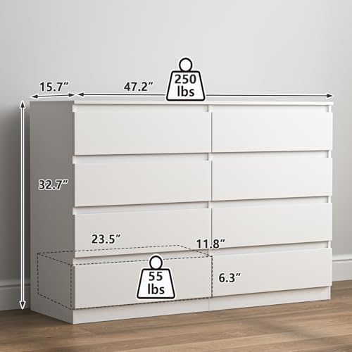 Vibe & Dine Double Dresser 8 Drawer, Modern Wooden Chest of Drawers with Wide Storage for Closet, Bedroom, Living Room, White