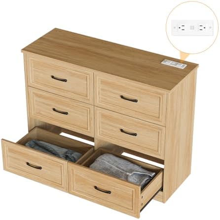 Fameill Dresser for Bedroom, 6 Drawer Wide Dresser Organizer with Charging Station for Hallway with Metal Handles, Oak