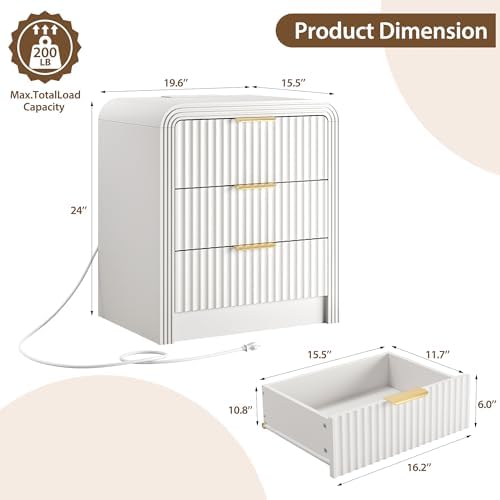 Decofy Fluted 3-Drawer Nightstand with Charging Station, Pure White