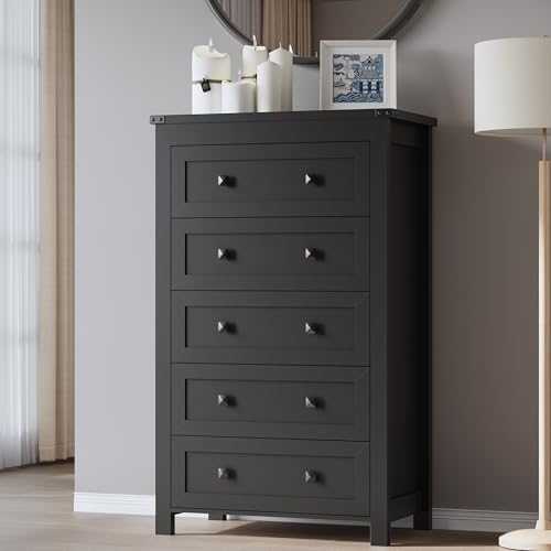 BORNOON Tall 5-Drawer Dresser, Modern Wooden Storage Chest of Drawers, Dresser TV Stand, Wood Drawer Organizer with Metal Handles for Bedroom, Living Room, Hallway