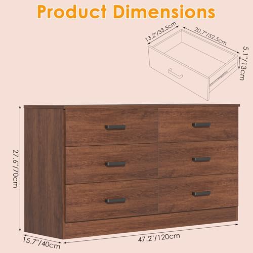 Bigbiglife Wood Dresser for Bedroom, 6 Drawer Double Dresser, Mid Century Modern Chest of Drawers with Deep Drawers, Large Storage Organizer for Living Room, Closet(Walnut Brown)
