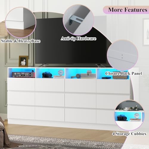 Gyfimoie 12-Compartment Divided Drawer Dresser w/Power Outlet, LED Light