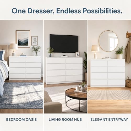Spaco White 8 Drawer Dresser for Bedroom,Modern Deep Drawer Dresser,Wide Storage Chest of Drawer for Closet,Wood Storage Organizer Furniture for Living Room